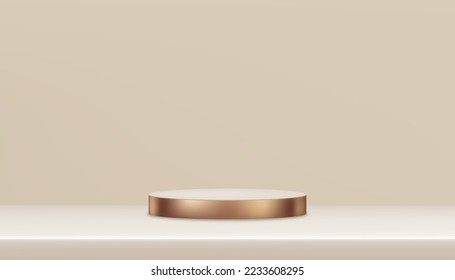 Wall studio with 3D Display Pink Gold Cylinder Podium on Cream Color Background,Vector luxury studio scene with circle stand for Valentine,Chinese new year,Christmas,Mothers Day product presentation