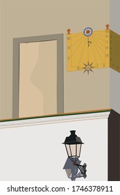 Wand mit Sonnenuhr und Lampenfohr