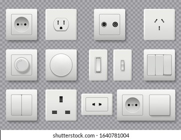 Wall switch. Power electrical socket different modern round switches vector realistic collection