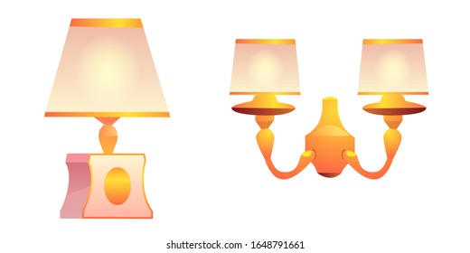 Wall and table lamps with lampshade. Vector vintage gold sconce and desk light. Cartoon home old classic lamps for living room or bedroom isolated on white background