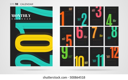 Wall or table office Monthly Calendar for the year 2017. Vector eps10 dark template with black vertical pages.