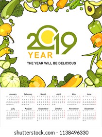wall or table vertical calendar 2019 ripe yellow and green vegetables healthy food on a white background