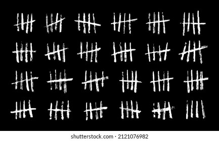 Wall tally marks, prison day counting jail hash symbols. Vector hand drawn chalk lines with slash strokes clustered in groups of four on black chalkboard background, unary numeral system