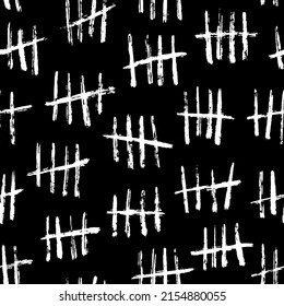 Wall tally marks seamless pattern, prison hash or jail count lines, vector background. Hand drawn tally marks on wall, hand scratch numbers or chalk strokes and white brush marks pattern on black wall