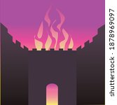 The wall of the Temple in Jerusalem is burning.
Vector drawing of a black silhouette of a gate made of ancient stones and behind it a burning fire that also comes out of the round gate