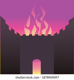 The wall of the Temple in Jerusalem is burning.
Vector drawing of a black silhouette of a gate made of ancient stones and behind it a burning fire that also comes out of the round gate