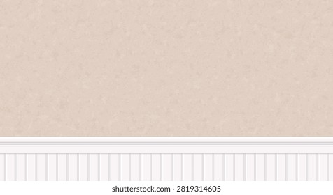 Wall texture with white molding, wainscoting wood panel. Room interior with beige plaster and wainscot decor. Beadboard trim pattern, seamless horizontal background. Vintage bg, vector illustration