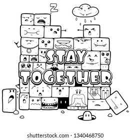 A wall that consists of crazy doodle characters as a concept of unity. Black and white vector illustration.