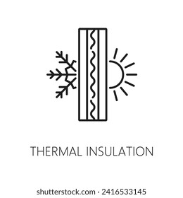 Wall thermal insulation icon. House construction technology, energy save and heat protection material or solution, building wall insulation layer cross section line vector icon with snowflake and sun