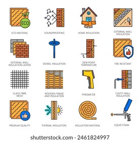 Wandwärmedämmung Ikonen, Mineralwolle und Werkzeuge für den Hausbau, Umriss Vektorgrafik. Hauswände Isolierung, Wärme- und Kälteschutz für Wetter und schalldichte Materialschichten