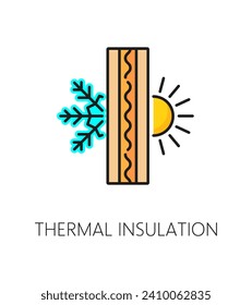 Wall thermal insulation layer outline icon. Home facade thermal isolation material outline pictogram, house construction insulation layer technology line vector icon with wall, snowflake and sun