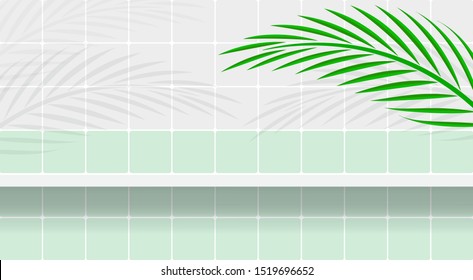 wall tile and shelf with leaves palm for background and copy space, bathroom shelf on wall tiles and leaf palm shadow, shelves floor and coconut leaves, green pastel wall tile glossy and palm branches