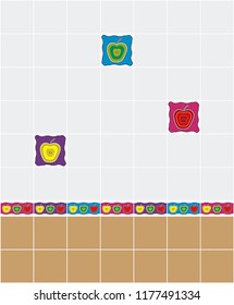 Wall of tiles of two colors divided by a border with apples and with decorative tiles of different colors in the upper area.