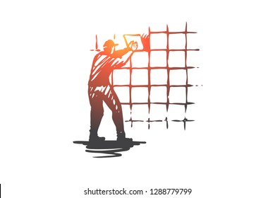 Wall tiling, house, repair, worker concept. Hand drawn worker doing repair with new tile concept sketch. Isolated vector illustration.