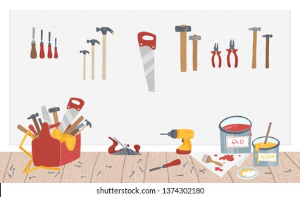 Wall with tools, tool box. Garage. Vector illustration