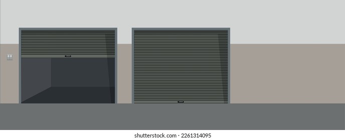 Wall with two garage lifting gates with roller shutters in open and closed position realistic vector illustration