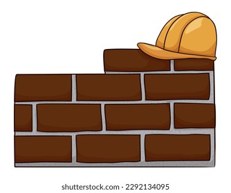 Wall under construction, made of bricks and cement, decorated with hard hat on it. Design in cartoon style.