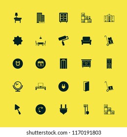 wall vector icons set. with armchair, bookcase flower pot, trowel and islamic star in set