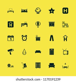 wall vector icons set. with balloon, bookcase flower pot, hotel four stars and tv in set