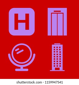 wall vector icons set. with hospital sign, mirror, elevator and office building in set