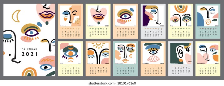 Wall vertical calendar for 2021, the week starts on Sunday. Template A4 format calendar set of month with cut out shapes, abstracts forms. Collection of line faces, eyes posters. Vector illustration.