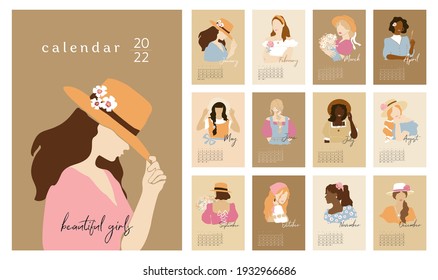 Wall vertical calendar for 2022, the week starts on Sunday. Template A4 format calendar set of month with abstract beautiful girls in vintage. Contemporary portraits posters. Vector illustration.