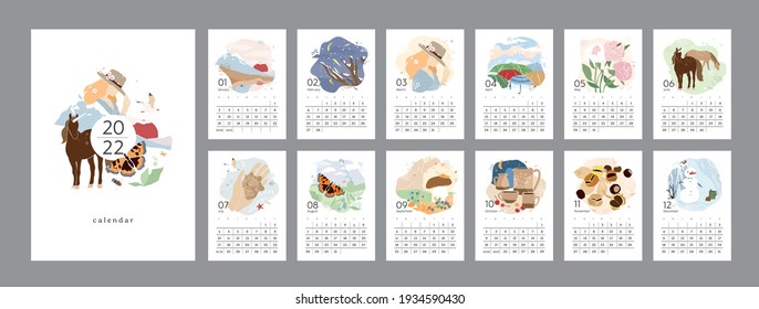Wall vertical calendar for 2022, the week starts on Sunday. Template A4 calendar set of month with abstract girls, nature, landscapes, animals. Contemporary portraits posters. Vector illustration
