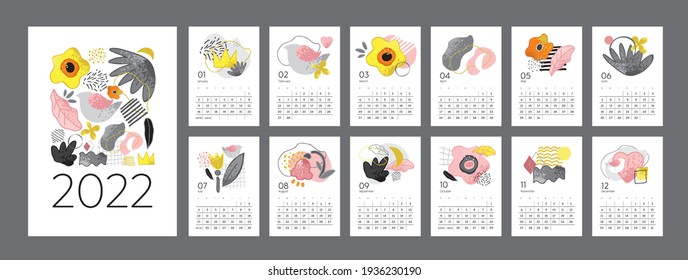 Wall vertical calendar for 2022, the week starts on Sunday. Template A4 format calendar set of month with abstract flowers, symbols, shapes. Contemporary trendy posters. cartoon vector illustration.
