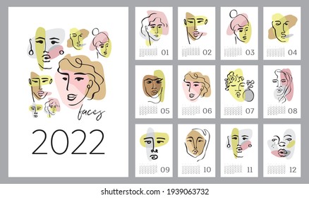 Wall vertical calendar for 2022, the week starts on Sunday. Template A4 format calendar set of month with abstract beautiful girls in black line. Contemporary portraits posters. Vector illustration.
