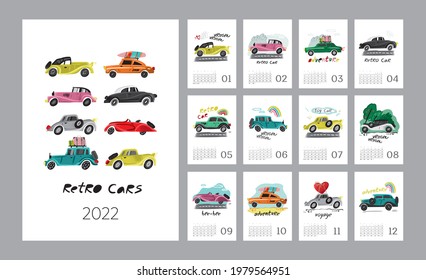 Wall vertical calendar for 2022, the week starts on Sunday. Template A4 format calendar set of month with retro cars, road, rainbow isolated on white. Children room decor. Cartoon vector illustration.