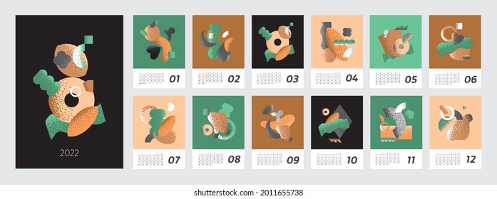 Wall vertical calendar for 2022, the week starts on Sunday. Template A4 format calendar set of month with abstract flowers, symbols, shapes. Contemporary trendy posters. cartoon vector illustration.
