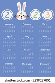 Wall vertical calendar 2023 with cute hand drawn rabbit. Week starts on Sunday. Vector cartoon template illustration. 