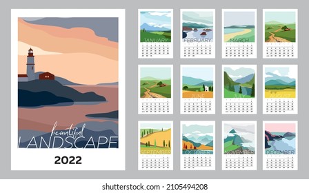 Wall vertical calendar for 2023, the week starts on Sunday. Template A4 calendar set of month with abstract  season landscapes, nature. Contemporary scenery posters. Vector illustration