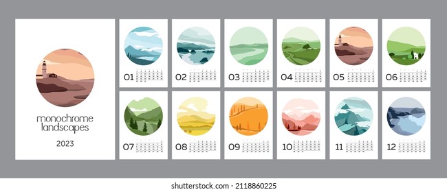 Wall vertical calendar for 2023, the week starts on Sunday. Template A4 calendar set of month with abstract season landscapes, nature. Contemporary scenery posters. Vector illustration