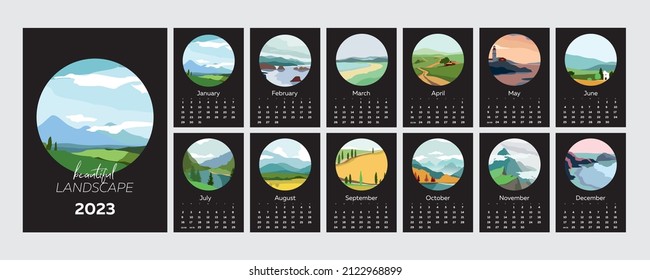 Wall vertical calendar for 2023, the week starts on Sunday. Template A4 calendar set of month with abstract season landscapes, nature, views outside. Contemporary scenery posters. Vector illustration