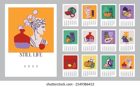 Wall vertical calendar for 2023, week starts on Sunday. Template A4 calendar set of month with abstract modern art print, still life, vases, fruits. Contemporary scenery posters. Vector illustration