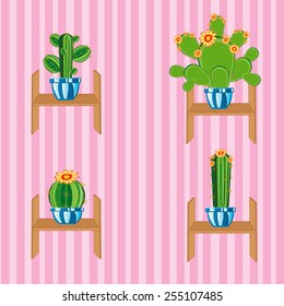 Wall with wallpaper and cactus on regiment in room