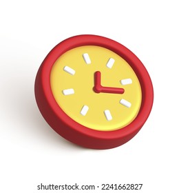 Relojes de pared con un icono isométrico de la cara del reloj amarillo aislado en el fondo blanco. Elemento sencillo de reloj clásico rojo redondo en la pared. Colección de símbolos de aplicación 3d de botones de la oficina de chat web. Ilustración del vector