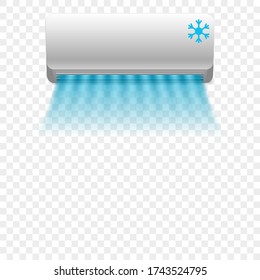 Acondicionador de aire blanco de pared con flujo de aire. Ilustración vectorial en fondo aislado transparente.