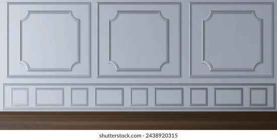 Wall with white classic decoration panel and wood floor. House or museum room interior with victorian style moulding frames. Realistic vector illustration of traditional elegant molding plaster decor.