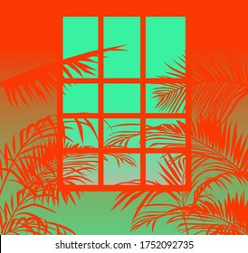 Wall with window and ferns around it. Summer ambient evening. 
