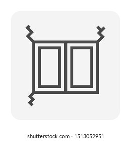 Wall at window frame corner crack vector icon. Concrete surface to broken, damage from old, structure settlement, earthquake effect. Need repair, fix, plaster by cement, filler. Editable stroke.
