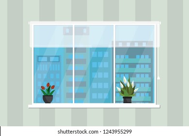 Wall with window,flowers in pots on window, Flat vector illustration
