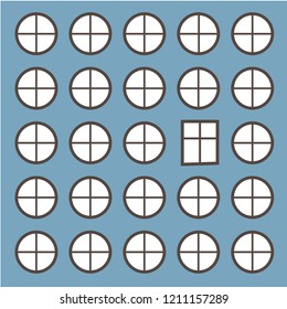 Wall with windows. Windows are circles. One of them is a rectangle.  Pattern.