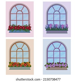 Wall windows set with flower boxes. Vector illustration.