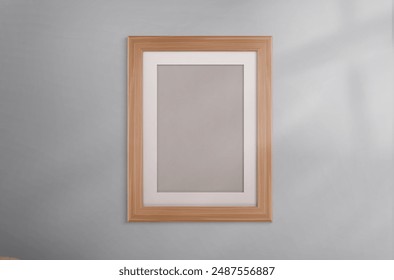 Wall wooden photo frame for picture 3d mockup vector. Bland realistic poster photoframe a4 template. Print vertical artwork banner with wood passepartout border. Gallery paper painting design