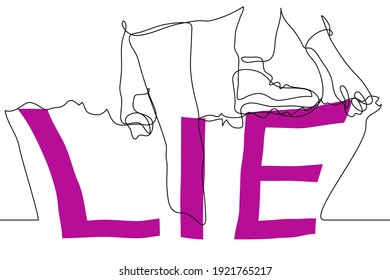 wall from the word "LIE" on which a person climbs - one line drawing. The concept of hypocrisy, deception, lies