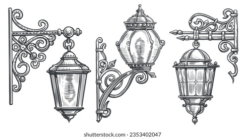 Wall wrought iron street lamp in engraving style. Lantern sketch vintage vector illustration