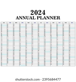 Wall yearly planner, calendar for 2024. Business scheduler layout, 12 months set. Horizontal annual printable planner with space for notes vector illustration. Calendar planner for 2024. 