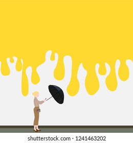 Wall with yellow paint on it and a lady with umbrella, rain concept